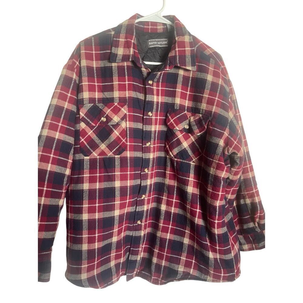David Taylor Mens Red Navy Plaid Insulated Button Up Flannel Shirt Jacket Sz XL